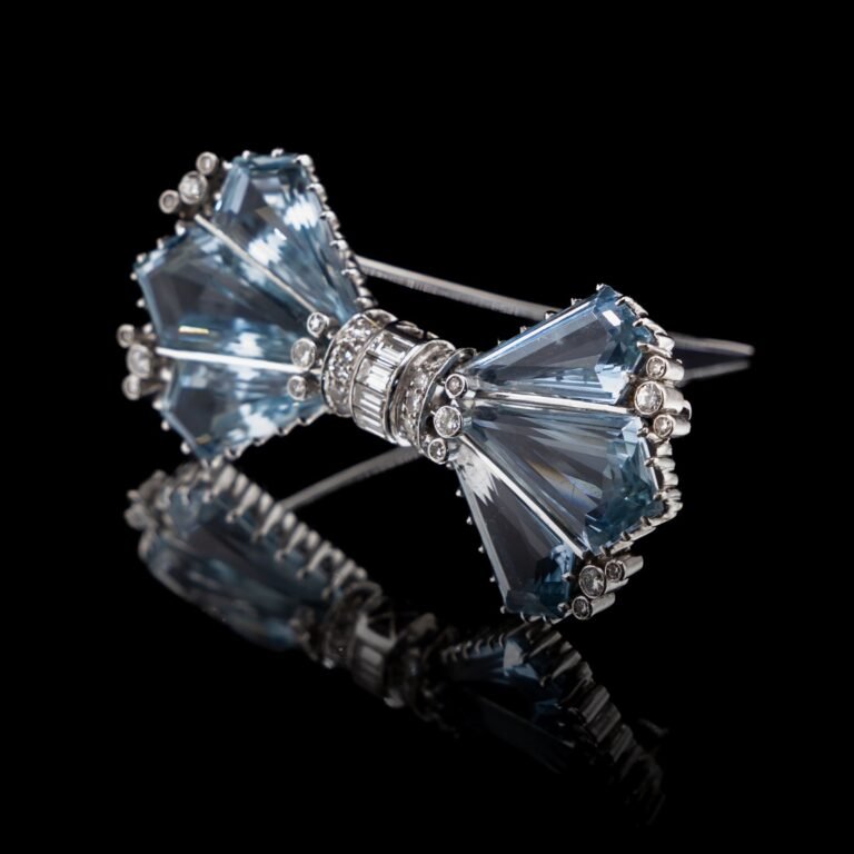 Art Deco Aquamarine Brooch – Platinum Bow Pin by Alabaster & Wilson